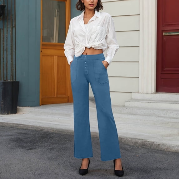 ClodeEU Women's Elastic High Waist Straight Leg Pants, Stretch Straight Leg Button Down Trousers with Pocket Blue,Womens Plus S