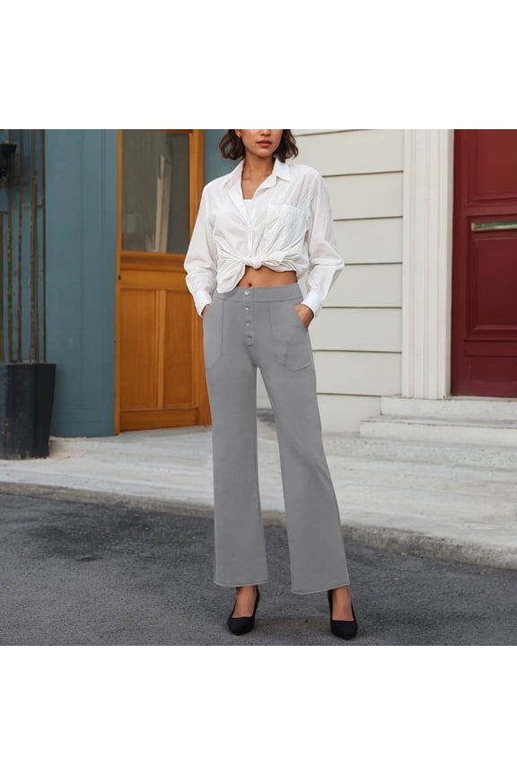 Women's Elastic High Waist Straight Leg Pants, Stretch Straight Leg Button Down Trousers with Pocket Gray,Womens Plus XXL