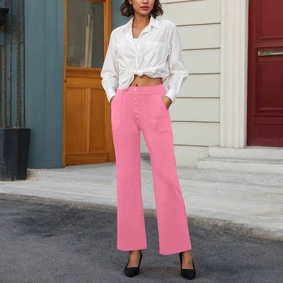 ClodeEU Women's Elastic High Waist Straight Leg Pants, Stretch Straight Leg Button Down Trousers with Pocket Pink,Womens Plus M