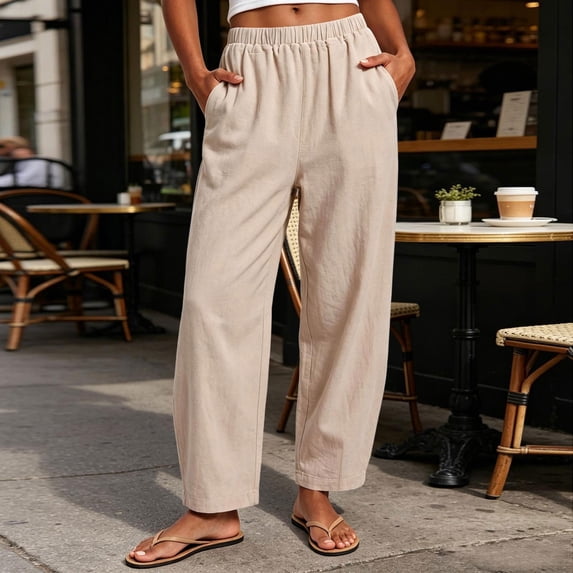 ClodeEU Women's Elastic High Waist Tapered Pants, Casual Loose Fit Trousers with Pockets Khaki,Women's Plus L