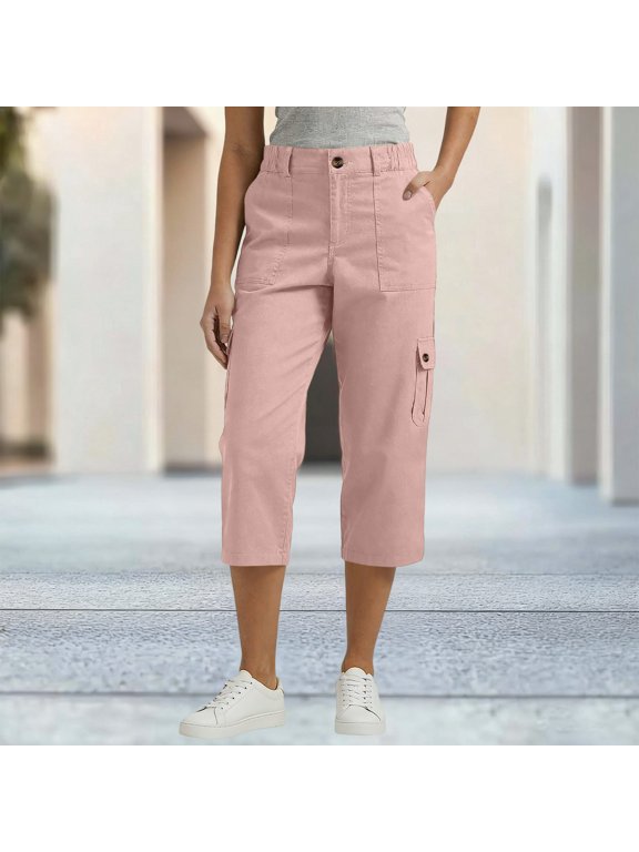 Women's Elastic Waist Capri Pants, Casual Cropped Trousers with Pockets for Summer and Everyday Wear Pink,Women's Plus M