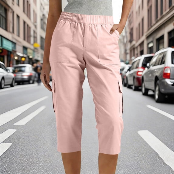 ClodeEU Women's Elastic Waist Cargo Capri Pants with Pockets,Casual Outdoor Hiking Cropped Trousers Pink,Womens Plus M