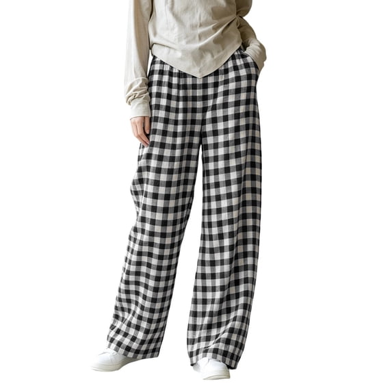 ClodeEU Women's Elastic Waist Plaid Wide Leg Pants,Loose Casual Trousers With Pockets ,Women's Plus L