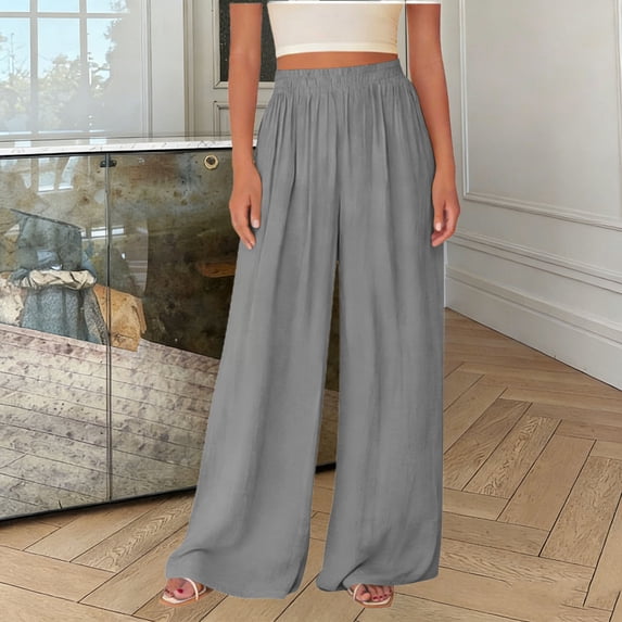 ClodeEU Women's Elastic Waist Pleated Wide Leg Pants with Pockets,Loose Trendy Pant Gray,Womens Plus XXL