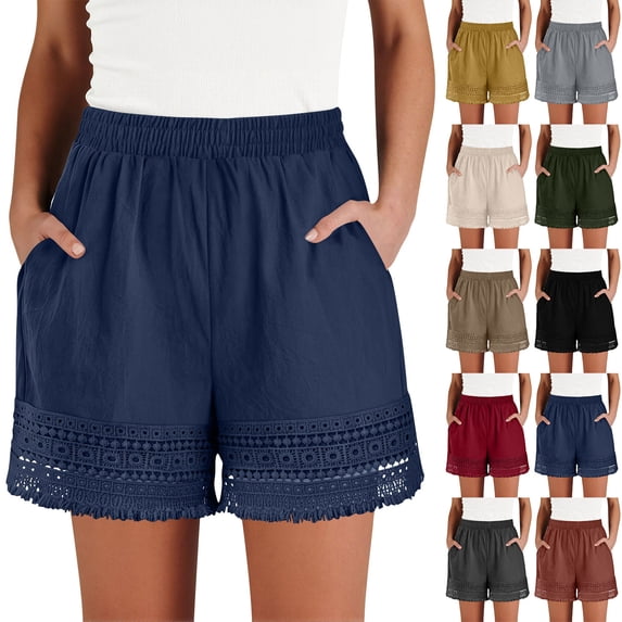 ClodeEU Women’s Elastic Waist Shorts,Lightweight Casual Solid Color Summer Shorts with Pockets Coffee,Women's Plus XXXL