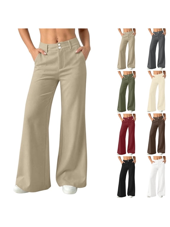 Women's Elastic Waist Wide Leg Pants,Casual Loose Trousers with Pockets Khaki,Women's Plus XXL