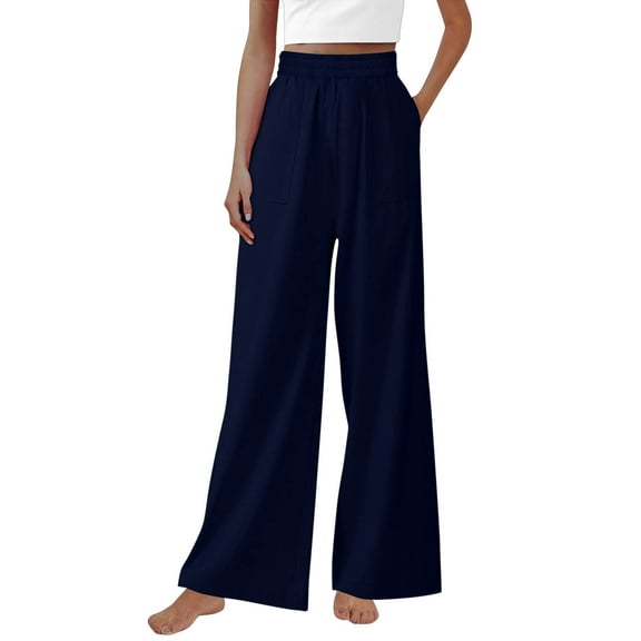 ClodeEU Women's Elastic Waist Wide Leg Pants, Linen Blend Trousers,Casual Sport Pants with Side Pockets Navy,Womens Plus S