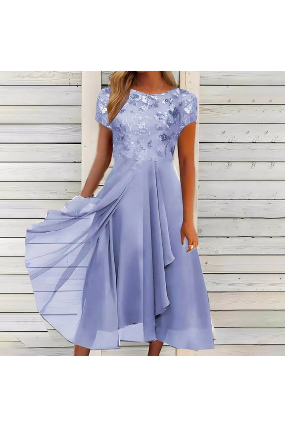 U Women's Elegant Chiffon Mesh Patchwork Short Sleeve Crewneck Midi Dress with Cinched Waist ,Party Evening Gown Purple,Womens Plus M