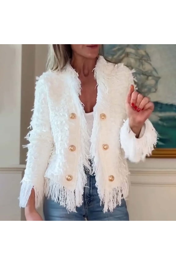 Women's Elegant Fringe Long Sleeve Top Coat, Fashion Casual Jacket Outerwear White,Womens Plus M