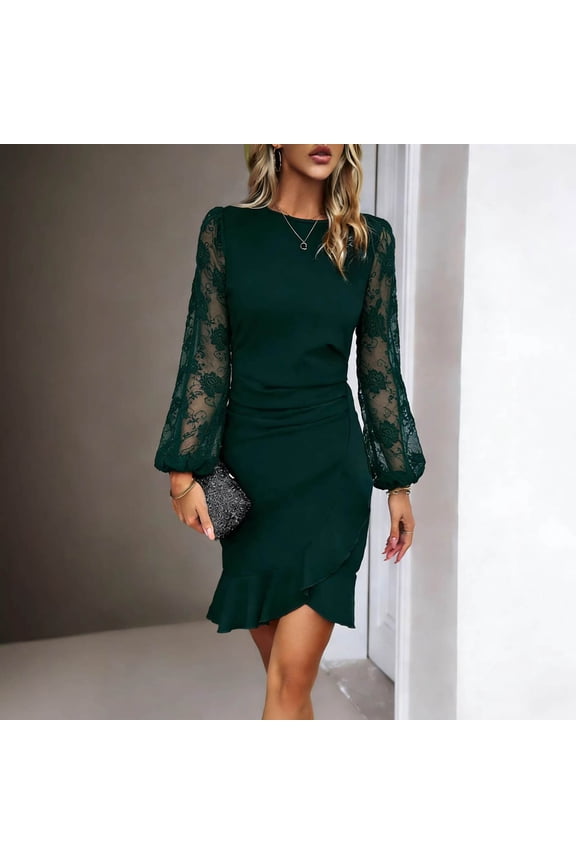 U Women's Elegant Lace Long Sleeve Bodycon Midi Dress, Ruched Wrap Ruffle Hem Cocktail Party Pencil Dress Green,Women's Plus L