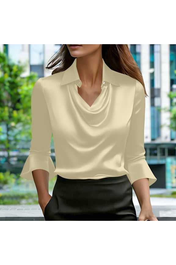 Women's Elegant Satin Silk Cowl Neck Ruched Front Draped Blouse,3/4 Sleeve Work Office Shirt Top Beige ^,Womens Plus M