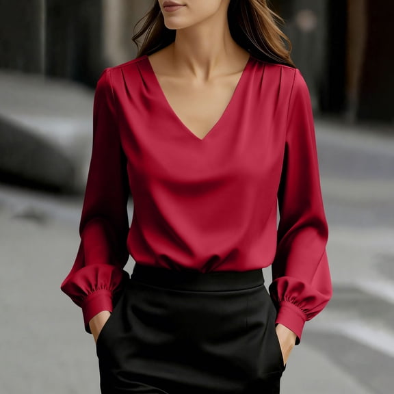 ClodeEU Women's Elegant Satin Silk V Neck Blouse,Long Sleeve Work Office Shirt Top Wine,Womens Plus XXL