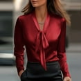 thumbnail image 1 of ClodeEU Women's Elegant Satin V Neck Blouse With Tie ,Long Sleeve Business Work Shirt Tops Red,Womens Plus XXL, 1 of 8
