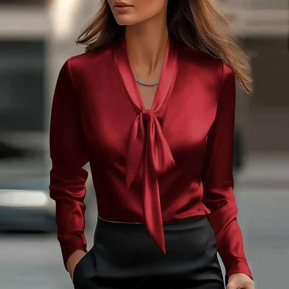 ClodeEU Women's Elegant Satin V Neck Blouse With Tie ,Long Sleeve Business Work Shirt Tops Red,Womens Plus XXL