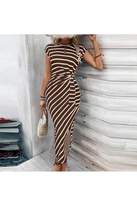U Women's Elegant Striped Printed Sleeveless Crewneck Midi Dress,Slim Fit Casual Dress with Side Tie Coffee,Womens Plus XL
