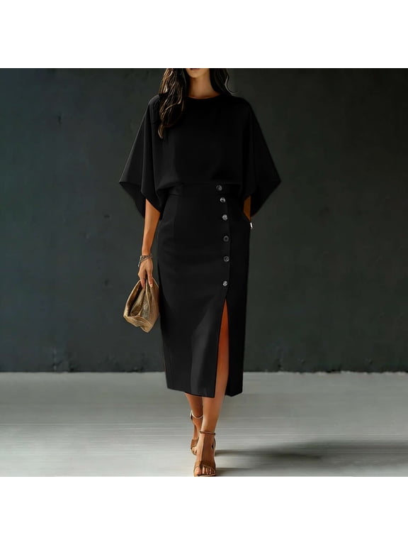 Women's Elegant Two-Piece Set,Batwing Sleeve Crewneck Top and High Waisted Button-Front Side Slit Midi Skirt ,Casual Office Workwear Black,Women's Plus XL
