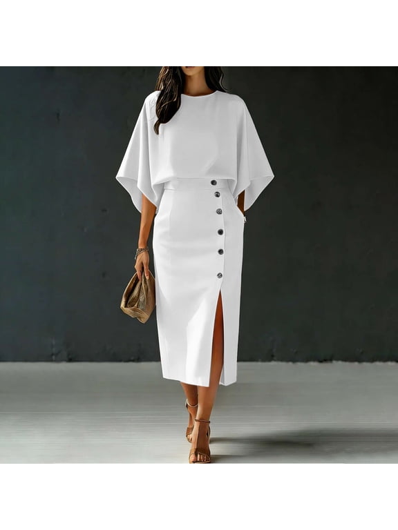 Women's Elegant Two-Piece Set,Batwing Sleeve Crewneck Top and High Waisted Button-Front Side Slit Midi Skirt ,Casual Office Workwear White,Women's Plus S
