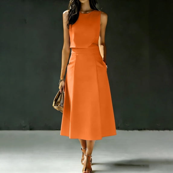 ClodeEU Women's Elegant Two-Piece Set ,Sleeveless Crewneck Top and High-Waisted Midi Skirt with Pockets ,Casual Office Workwear Orange,Women's Plus L