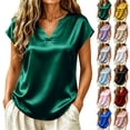 thumbnail image 1 of ClodeEU Women's Elegant V Neck Short Sleeve Satin Blouse ,Casual Loose Fit Silk Office Top White,Women's Plus M, 1 of 9