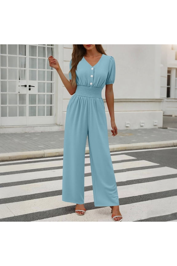 Women's Elegant V Neck Tunic Jumpsuits,Casual Short Sleeve Wide Leg Long Pants Light Blue,Womens Plus S
