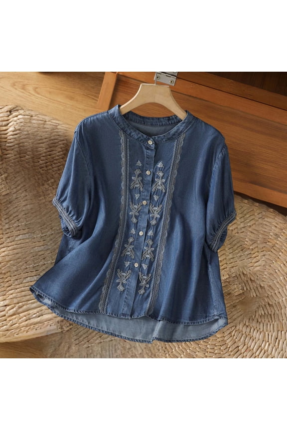 Women's Embroidered Denim Crew Neck Short Sleeve Button Down Shirt,Lightweight Casual Fashion Summer Top Blue,Women's Plus XXL