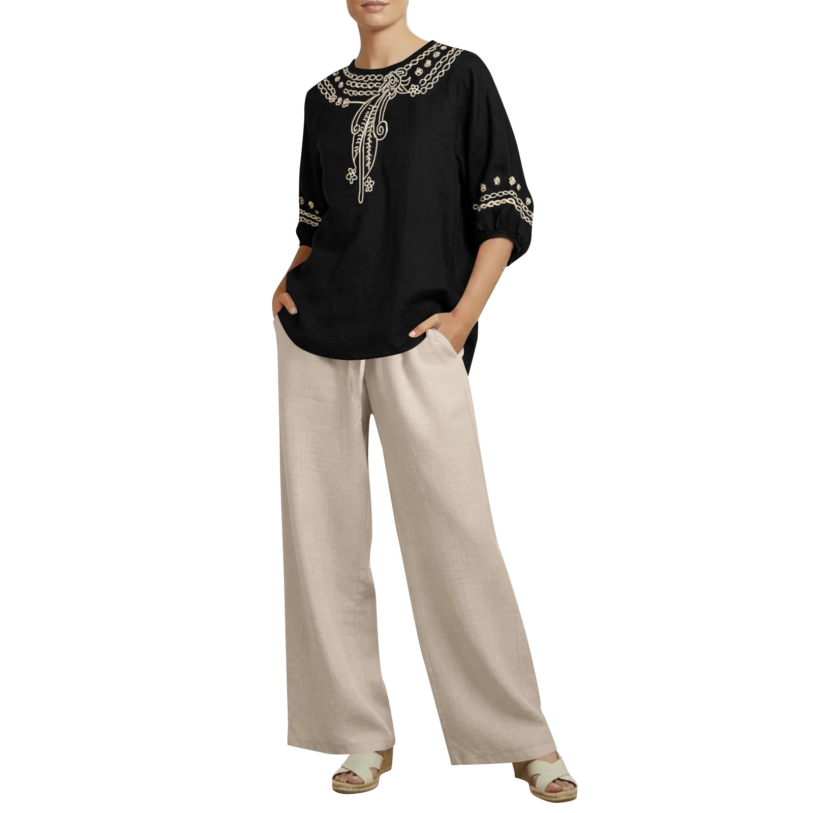 Boho Embroidered Linen Blend Trousers