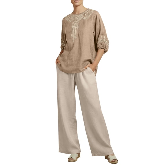 ClodeEU Women's Embroidered Linen Blend 3/4 Sleeve Boho Set,Casual Solid Color Wide Leg Pants Two Piece Outfit Khaki,Women's Plus S