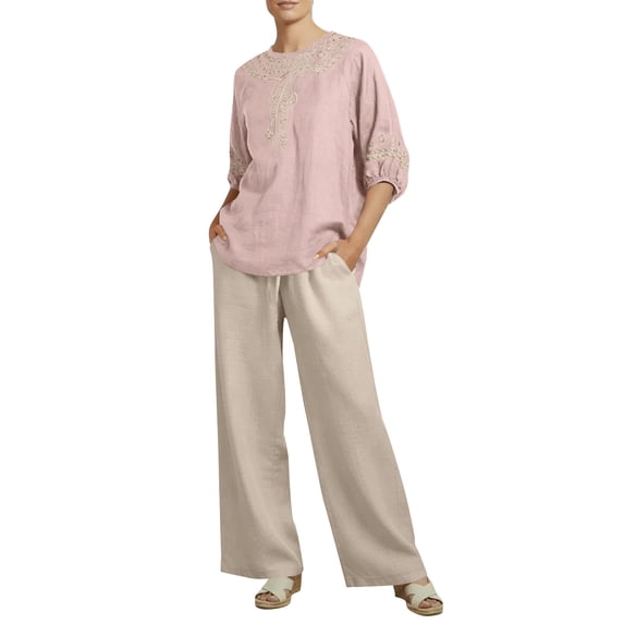 ClodeEU Women's Embroidered Linen Blend 3/4 Sleeve Boho Set,Casual Solid Color Wide Leg Pants Two Piece Outfit Pink,Women's Plus M