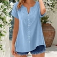 thumbnail image 1 of ClodeEU Women's Embroidered Linen Blend V Neck Short Sleeve Top ,Solid Color Casual Blouse for Summer Blue,Womens Plus M, 1 of 8
