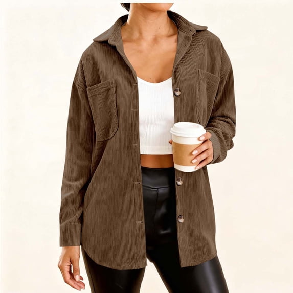ClodeEU Women's Fall Corduroy Jacket with Lapel ,Casual Loose Button Up Jacket with Pockets Brown,Womens Plus M