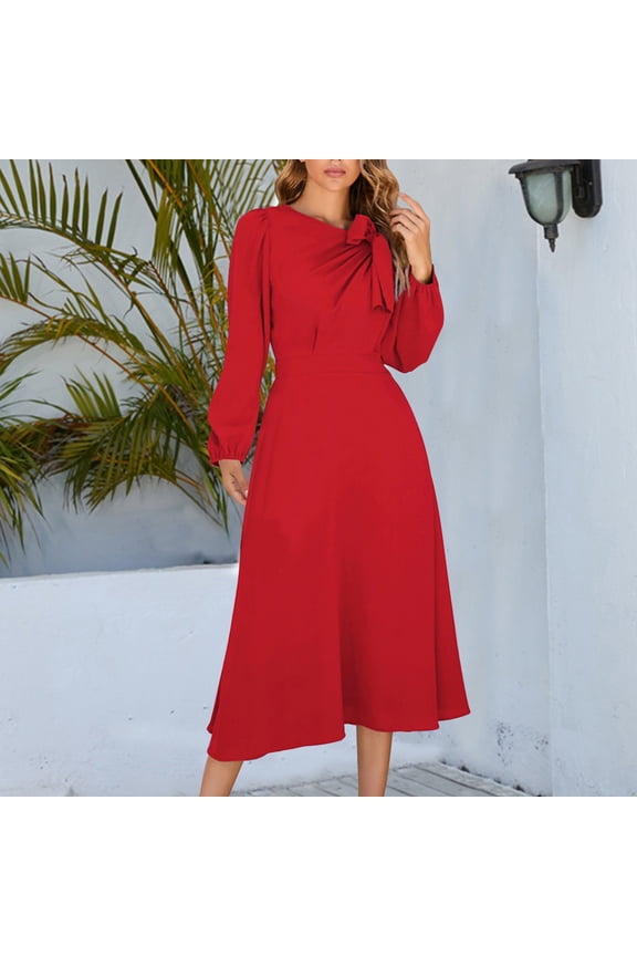 U Women's Fall Winter Flattering Dress With Bow, Casual Flowy A Line Boho Midi Party Long Dress Red,Womens Plus S