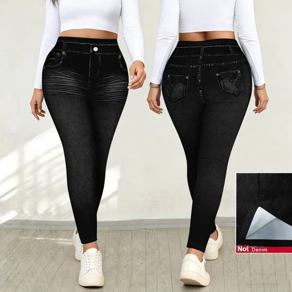 ClodeEU Women's Faux Denim High Stretch Flare Pants with Faux Pockets,Loose Fit Casual Leggings Black,Womens Plus XL