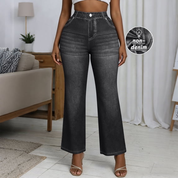 ClodeEU Women's Faux Denim High Stretch Flare Pants with Faux Pockets,Loose Fit Casual Leggings Dark Gray,Womens Plus XL