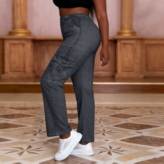 ClodeEU Women's Faux Denim High Stretch Flare Pants with Faux Pockets,Loose Fit Casual Leggings Gray,Womens Plus M