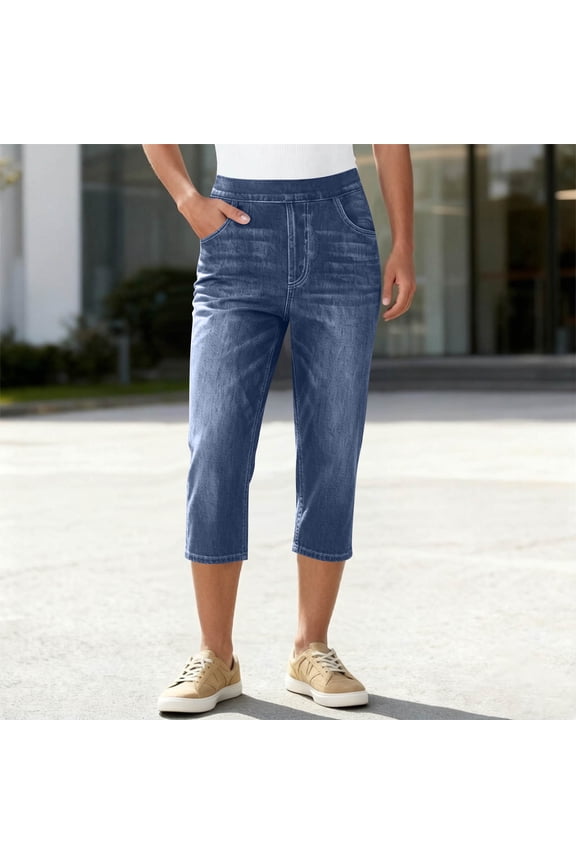 Women's Faux Denim Slim Fit Elastic Waist Capri Pants with Pockets, Casual Cropped Trousers Dark Blue,Womens Plus XL