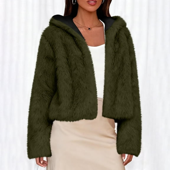 ClodeEU Women's Faux Fur Cropped Coat With Lining,Long Sleeve Drop Shoulder Hooded Top Army Green,Womens Plus S