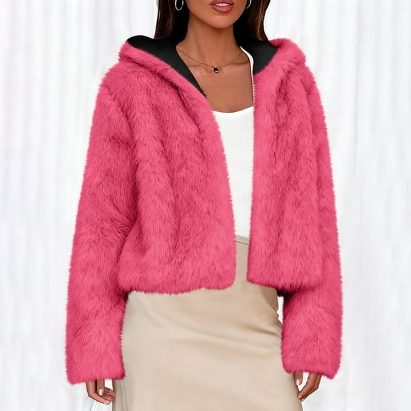 ClodeEU Women's Faux Fur Cropped Coat With Lining,Long Sleeve Drop Shoulder Hooded Top Hot Pink,Womens Plus S