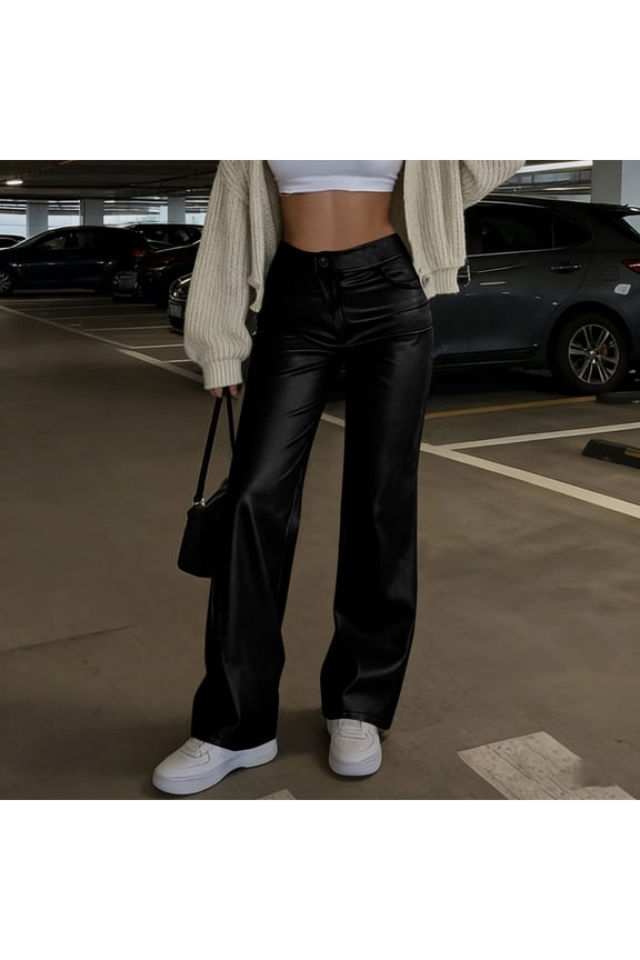 Women's Faux Leather Pants ,Mid Waist Straight PU Stretch Pant with Pockets ,Trendy Party Trousers Black,Womens Plus S