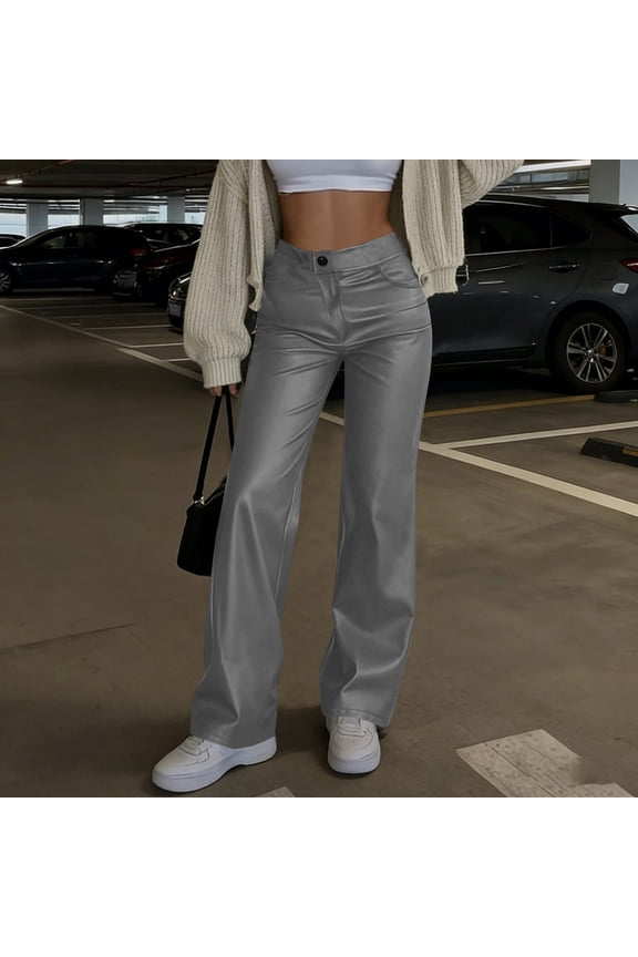 Women's Faux Leather Pants ,Mid Waist Straight PU Stretch Pant with Pockets ,Trendy Party Trousers Gray,Womens Plus L