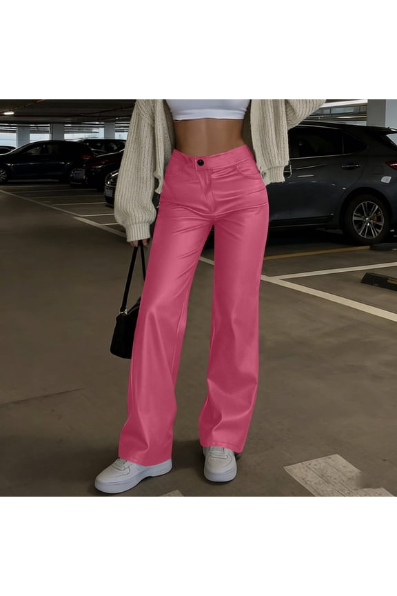 Women's Faux Leather Pants ,Mid Waist Straight PU Stretch Pant with Pockets ,Trendy Party Trousers Hot Pink,Womens Plus L