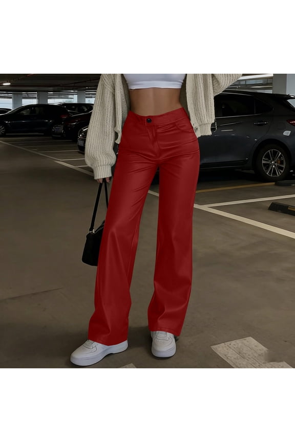 Women's Faux Leather Pants ,Mid Waist Straight PU Stretch Pant with Pockets ,Trendy Party Trousers Red,Womens Plus XL