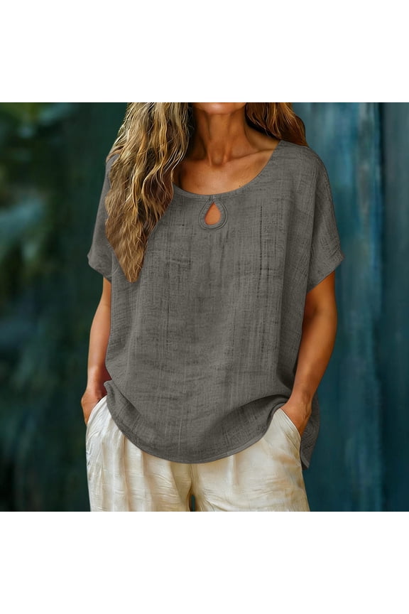 Women's Faux Linen Dolman Sleeve Short Sleeve Crewneck Top ,Loose Fit Casual Blouse Gray,Womens Plus XL