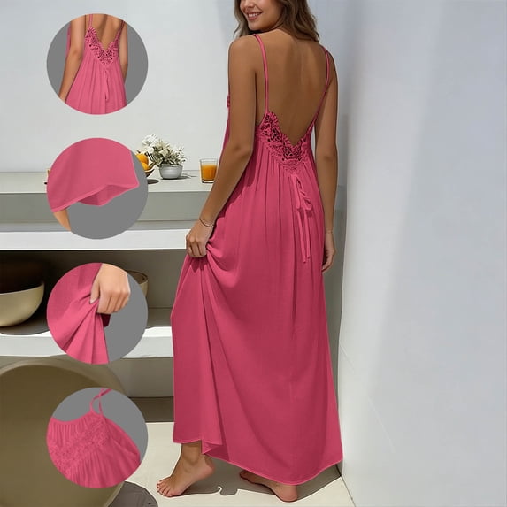 ClodeEU Women's Faux Linen Spaghetti Strap Maxi Dress,Backness Loose Fit Casual Dress with Lace Trim Hot Pink,Womens Plus M