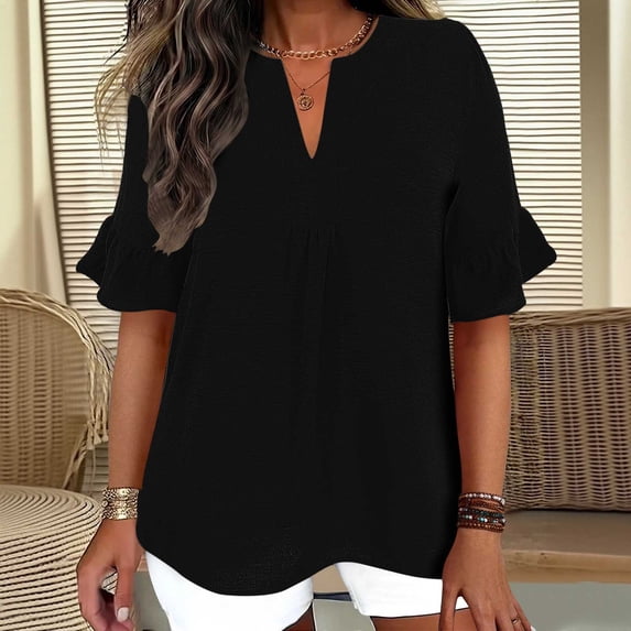 ClodeEU Women's Faux Linen V Neck Ruffle 3/4 Sleeve Blouse,Casual Loose Fit Solid Color Top Black,Women's Plus S