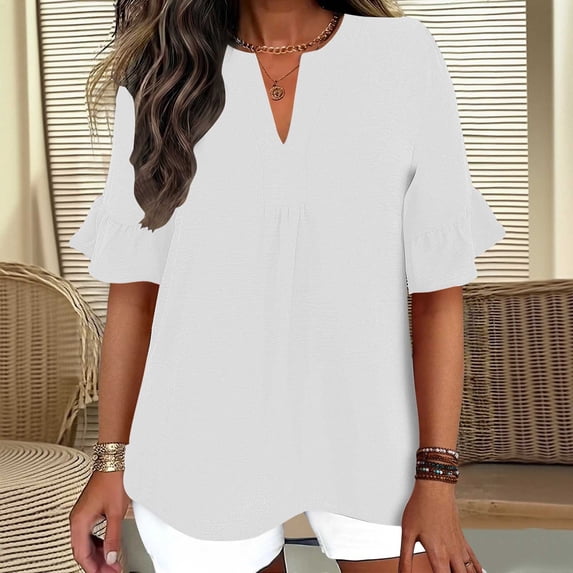 ClodeEU Women's Faux Linen V Neck Ruffle 3/4 Sleeve Blouse,Casual Loose Fit Solid Color Top White,Women's Plus L
