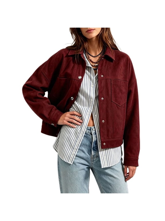 Women's Faux Suede Button Down Jacket, Long Sleeve Lapel Collar Relaxed Casual Shacket ,Women's S-XXL