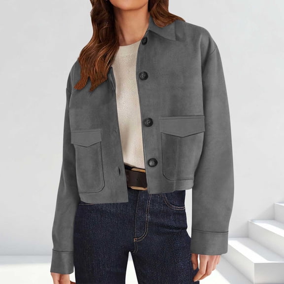 ClodeEU Women's Faux Suede Cropped Jacket,Lapel Button Up Jackets With Pockets Gray,Womens Plus XXL