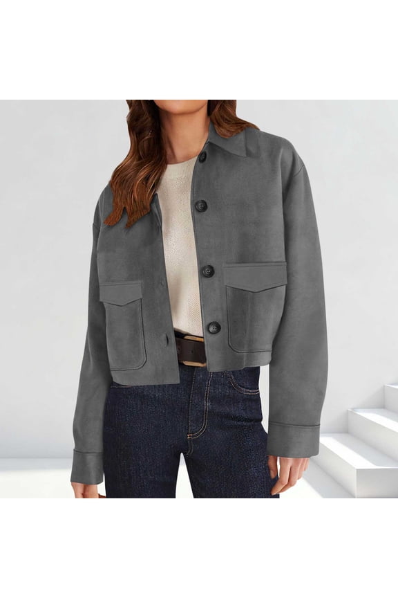 Women's Faux Suede Cropped Jacket,Lapel Button Up Jackets With Pockets Gray,Womens Plus XXL