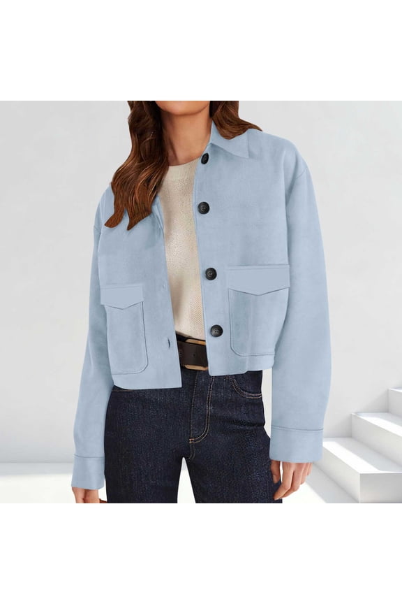Women's Faux Suede Cropped Jacket,Lapel Button Up Jackets With Pockets Light Blue,Womens Plus L