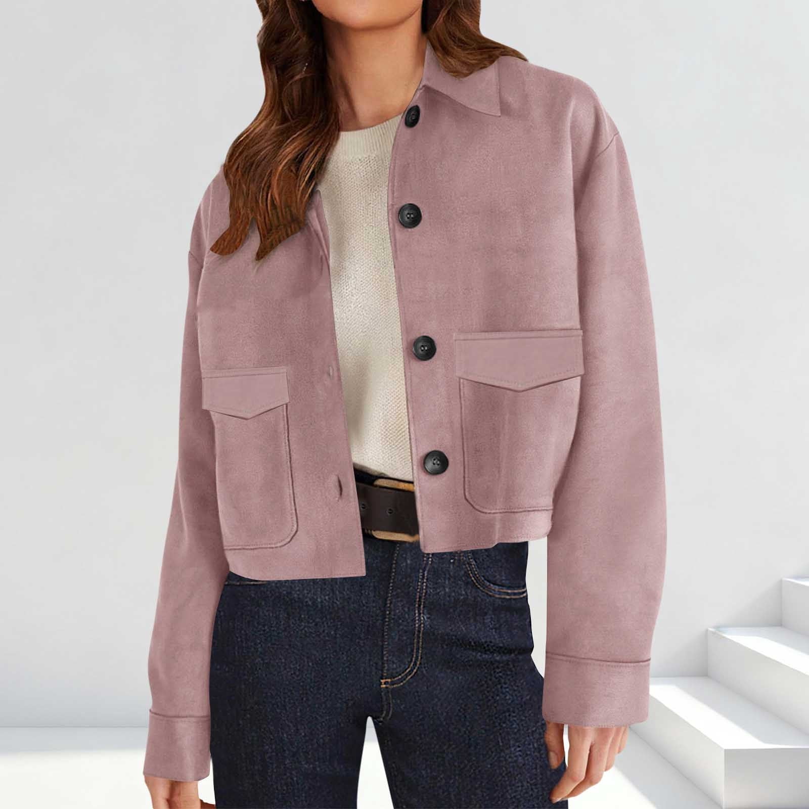 ClodeEU Women's Faux Suede Cropped Jacket,Lapel Button Up Jackets With ...